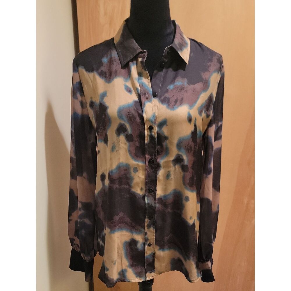 Oo Lala Long-Sleeve Tie-Dye Blouse in Beige, Black & Blue